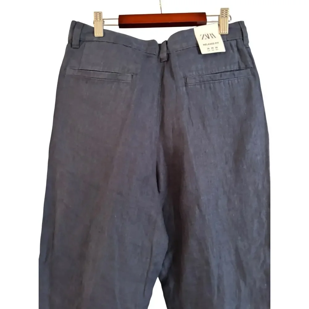 Zara Mens Relaxed Linen Pants Trousers straight Blue US 29 EU 36 NWT